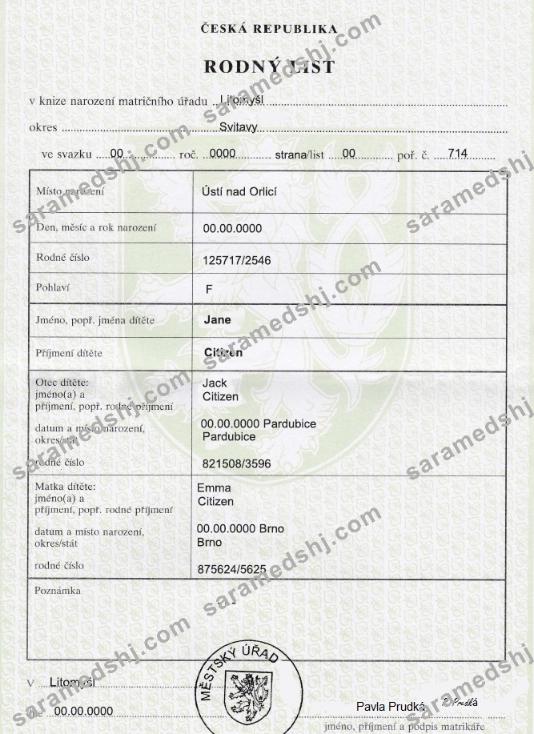 Czech birth certificate fully editable template in PSD format